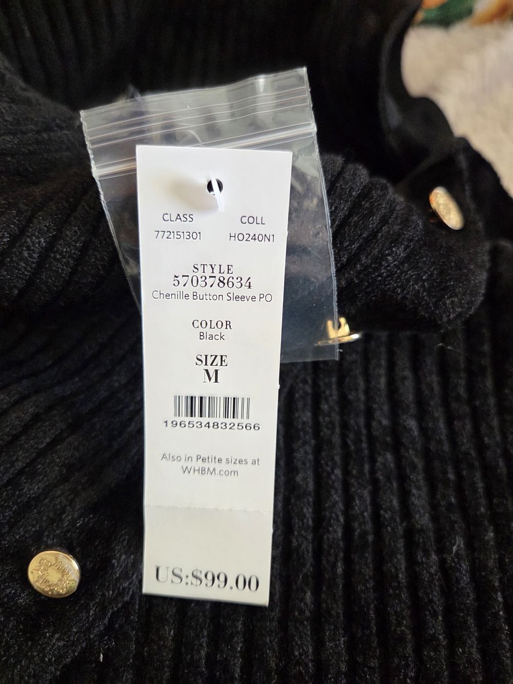 WHBM Black Ribbed Chenille Turtleneck Sweater Gold Button Detail - NWT- MEDIUM - Picture 4 of 7
